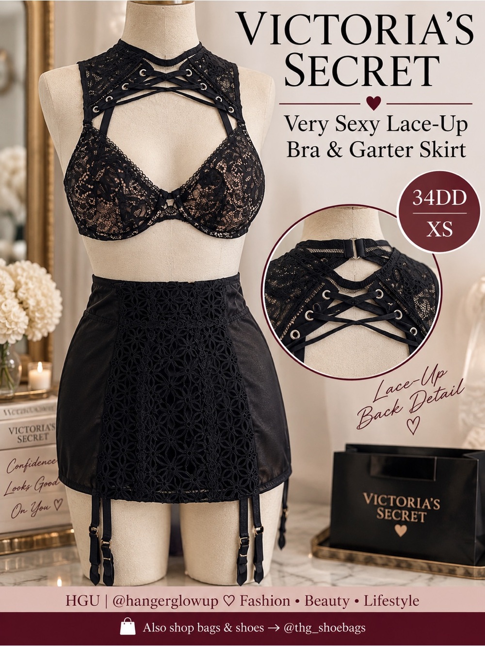Victoria’s Secret Very Sexy Lace-Up Bra & Garter Skirt 34DD XS NWT